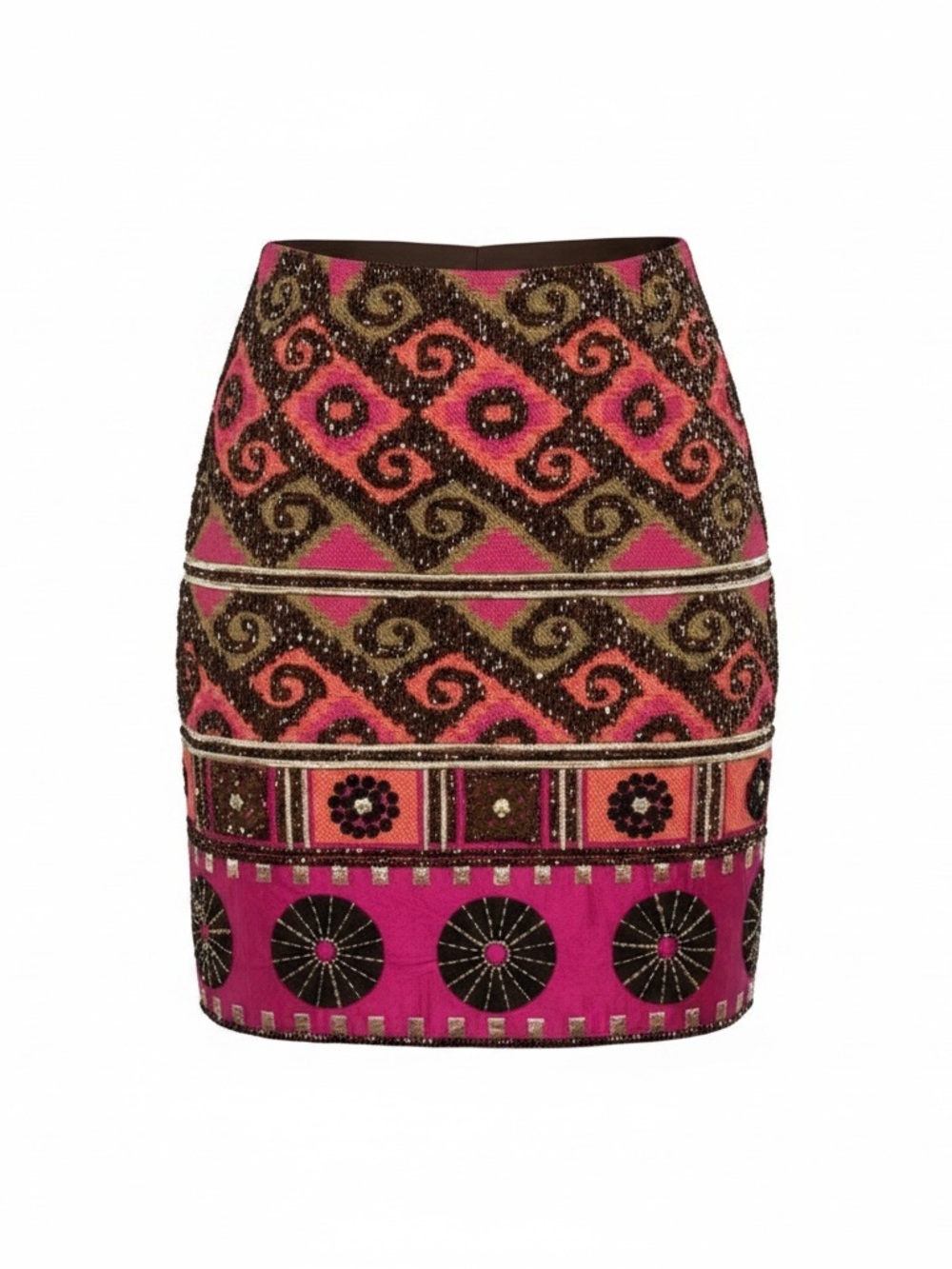 Per Se Beaded Silk Mini Skirt Pink Geometric Embroidery Embellished
